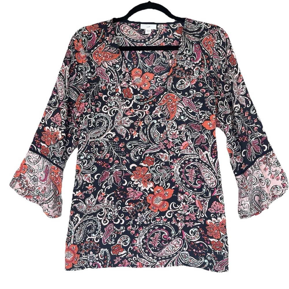 J Jill Shirt Womens S Paisley‎ Dark Floral Cottagecore Feminine Bell Sleeves